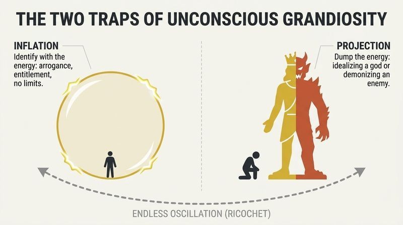 Split diagram showing the two traps of grandiosity: inflation on the left where the ego identifies with the energy, and projection on the right where the energy is dumped onto an idealized or demonized other, linked by an oscillating loop.