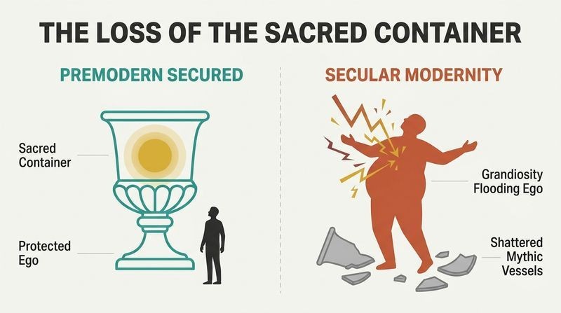 Split-panel diagram contrasting premodern sacred containment of grandiosity with modern ego inflation due to shattered cultural vessels.