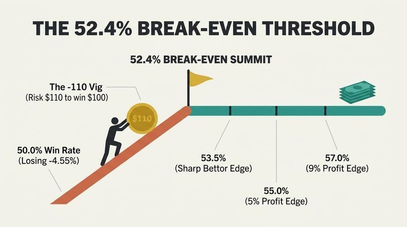 Visual metaphor of a mountain climb showing a climber pushing a bet uphill to overcome the sportsbook vig, reaching a 52.4% break-even summit before entering a flat profit plateau.