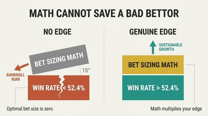 Split panel diagram illustrating that betting mathematics and money management only work when built upon a stable foundation of winning picks above 52.4%.