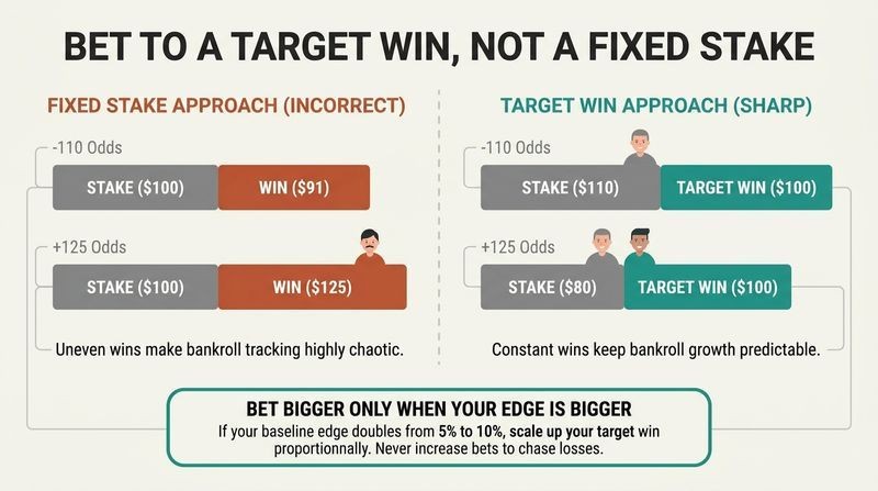 Side-by-side split panel comparison illustrating why sharp bettors set a constant target win amount instead of wagering a fixed stake.