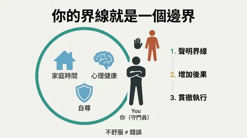 Circular perimeter enclosing protected values like family time and self-respect, with a bouncer silhouette at the gate and three enforcement steps beside it.