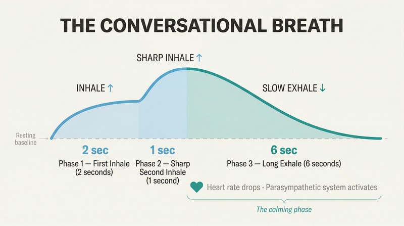 Breath waveform showing a two-second inhale, one-second sharp inhale, and six-second exhale in proportional widths, revealing the long exhale as the calming mechanism.