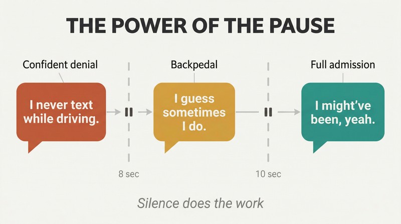 Timeline showing three speech bubbles separated by widening silence gaps, with statements shifting from confident denial to full admission as pause duration increases.