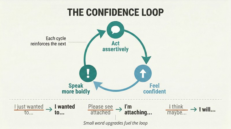 Circular feedback loop showing assertive action generating confidence which fuels more assertive action, with concrete word-swap examples below.