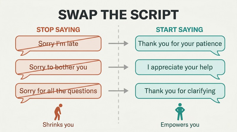 Split panel showing three "sorry" phrases on the left crossed out and replaced by corresponding "thank you" phrases on the right, connected by arrows.