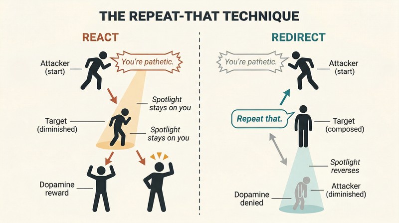 Split panel comparing two responses to an insult: reacting emotionally feeds the attacker's dopamine, while asking them to repeat it reverses the spotlight and deflates them.