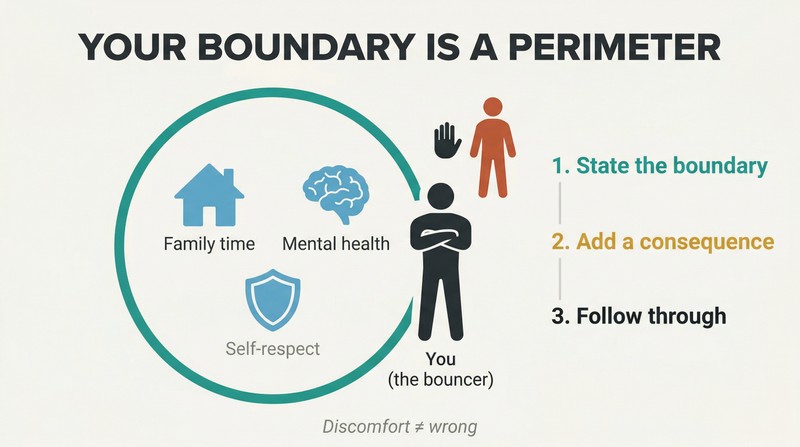 Circular perimeter enclosing protected values like family time and self-respect, with a bouncer silhouette at the gate and three enforcement steps beside it.