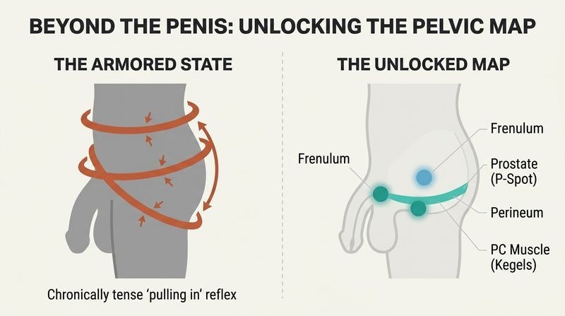 Split panel diagram comparing a tense, armored male pelvic region with a relaxed pelvic map highlighting neglected pleasure zones.