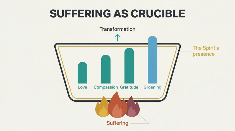A crucible vessel over flames contains four rising columns labeled love, compassion, gratitude, and groaning, showing transformation emerging from within suffering.