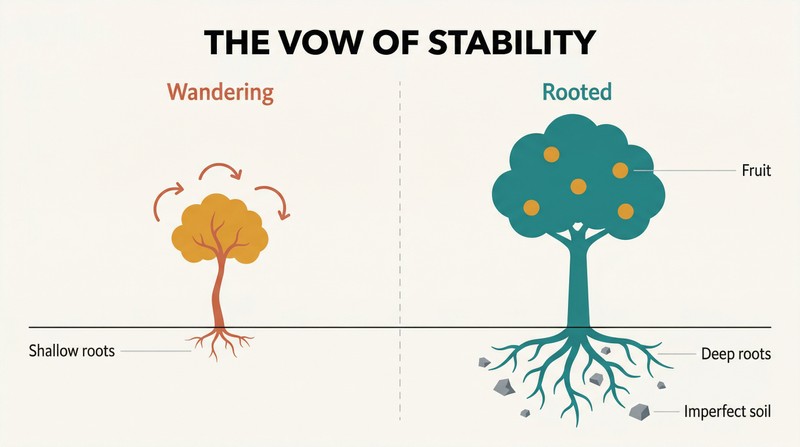 Split comparison of a small fruitless tree with shallow roots beside a tall fruit-bearing tree with deep roots in messy soil, divided by a ground line.