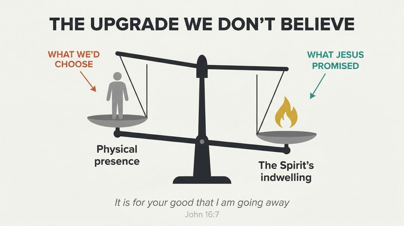 Balance scale tipping toward a flame symbol representing the Holy Spirit, outweighing a human silhouette representing Jesus' physical presence.