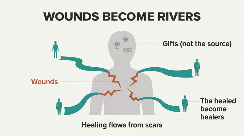 A cracked human silhouette radiates teal streams from its scars outward to surrounding figures, while polished gifts sit dim and unused on the surface.