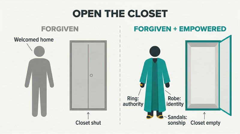 Split panel comparing a plain forgiven figure beside a closed closet versus an empowered figure wearing a robe, ring, and sandals beside an open closet.
