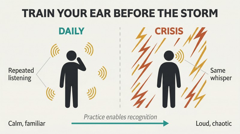 Split panel showing daily calm practice of listening to a quiet whisper on the left building recognition that carries into a chaotic storm on the right.