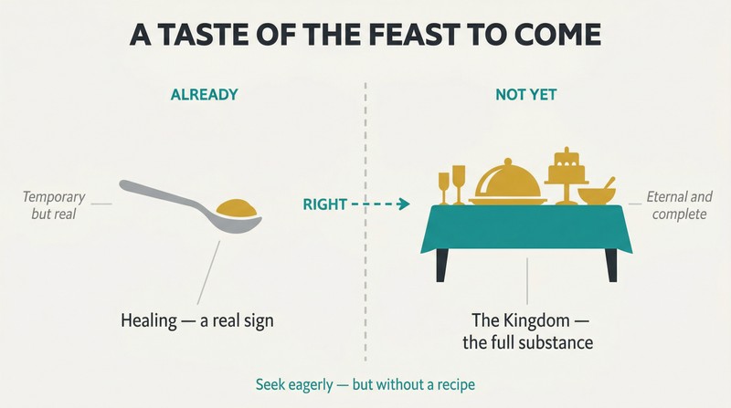 Proportional diagram showing a small spoon-sized taste on the left labeled "already" pointing toward a vastly larger banquet table on the right labeled "not yet," separated by a dashed timeline boundary.