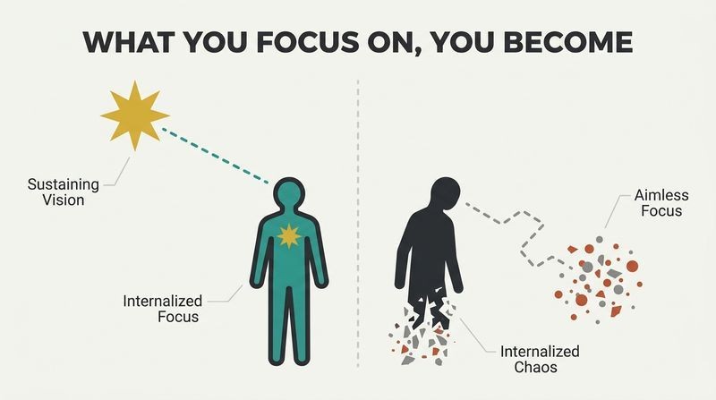 Split panel vector diagram comparing a focused person internalizing a high gold star target versus a distracted person crumbling into aimless gray fragments.