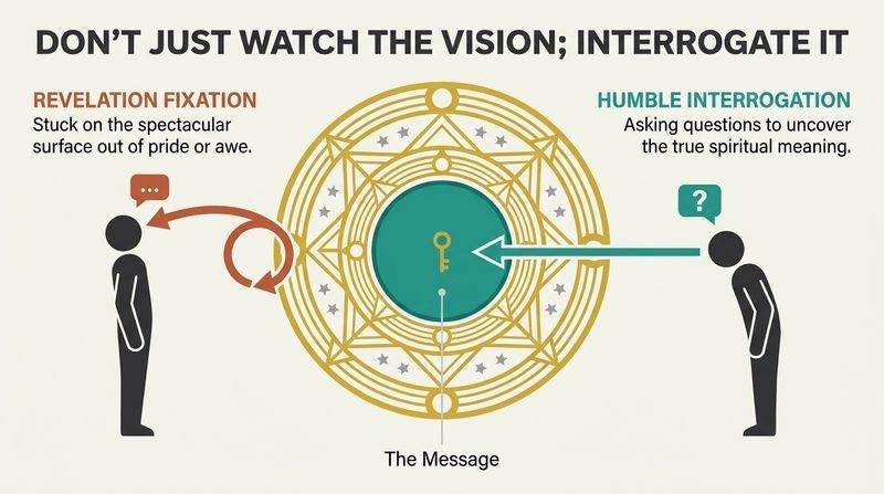 Visual diagram contrasting 'revelation fixation' which gets stuck on a spectacular outer vision, with 'humble interrogation' which penetrates to the inner core meaning.