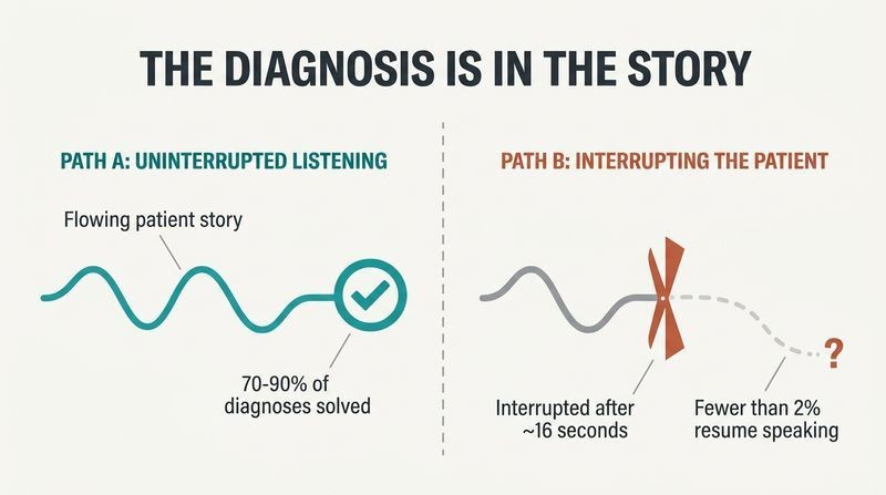 A split-panel diagram comparing the high success of listening to a patient's uninterrupted story versus the broken, failed diagnosis path caused by interruption.