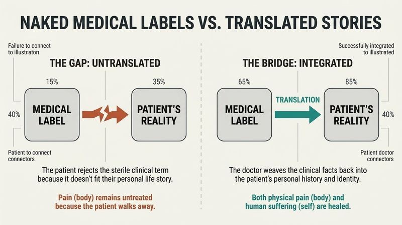 Split-panel diagram contrasting a disconnected medical diagnosis that causes patient rejection and continued suffering with a translated diagnosis integrated into the patient's life that enables true healing.