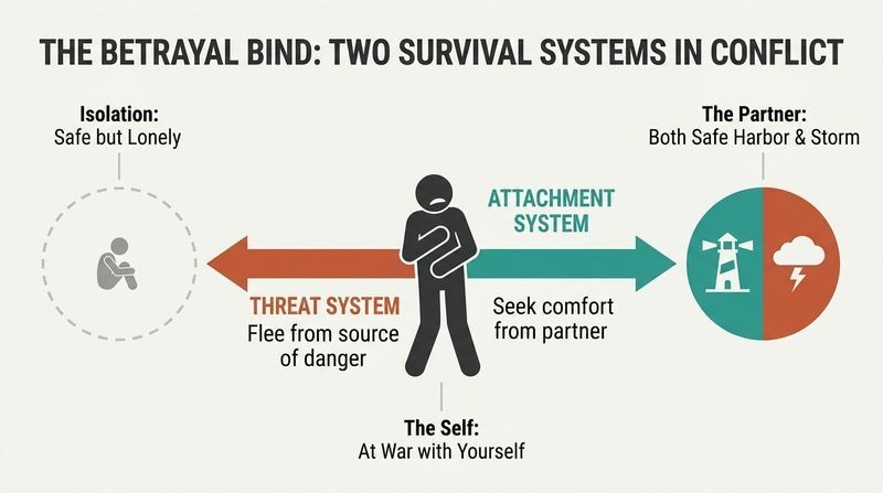Opposing vector diagram showing a person torn between the attachment drive to seek comfort from a partner and the threat drive to flee that same partner who is depicted as half safe-harbor and half storm.