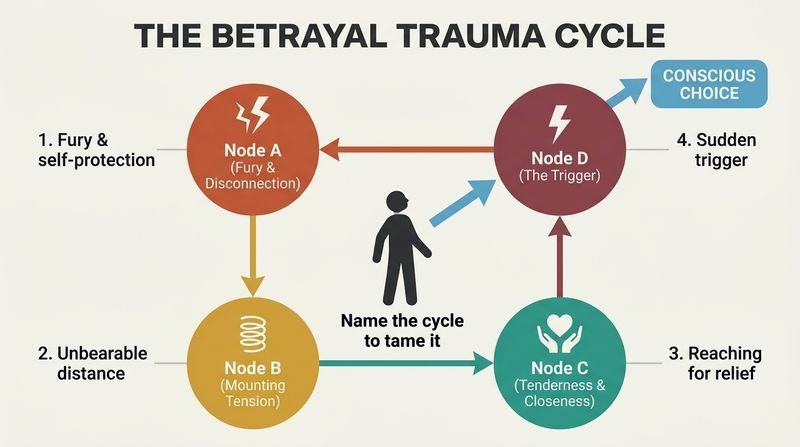 A circular cycle diagram showing the loop of betrayal trauma—moving from fury to tension, reaching out, and triggers—with a central observer escaping to conscious choice.