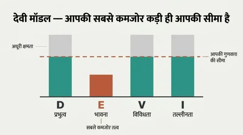 Four vertical bars labeled Dominance, Emotion, Variety, and Immersion, with Emotion notably shorter and a dashed ceiling line at its height capping overall quality.