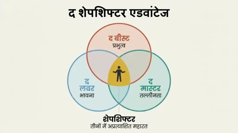 Three-circle Venn diagram showing Beast, Passionate Lover, and Tantric Master archetypes overlapping at a central gold Shapeshifter zone.