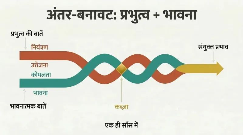 Two colored strands representing dominance and emotional talk braiding together into a single powerful combined thread flowing left to right.