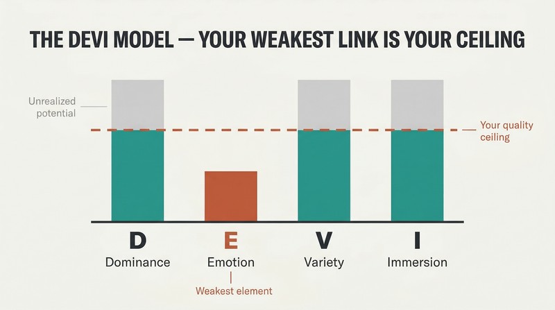 Four vertical bars labeled Dominance, Emotion, Variety, and Immersion, with Emotion notably shorter and a dashed ceiling line at its height capping overall quality.
