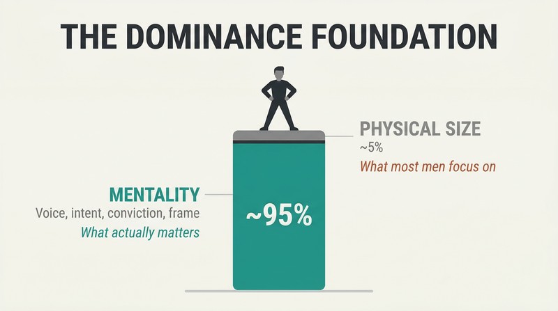 Tall pillar split into a massive lower section labeled mentality and a tiny top sliver labeled physical size, showing dominance is ninety-five percent psychological.