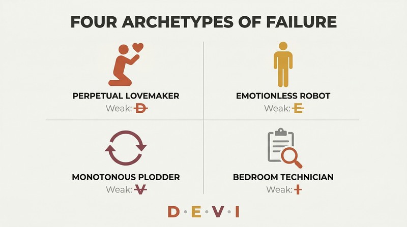 A two-by-two diagnostic grid showing four archetype silhouettes, each paired with the DEVI element they lack: Dominance, Emotion, Variety, or Immersion.
