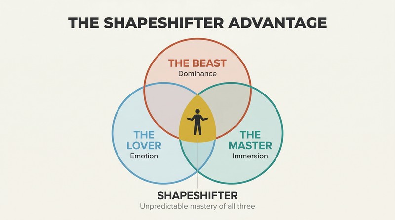 Three-circle Venn diagram showing Beast, Passionate Lover, and Tantric Master archetypes overlapping at a central gold Shapeshifter zone.
