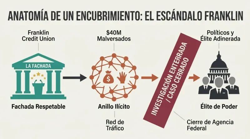 System diagram showing how a respectable credit union fronted an illicit trafficking and looting ring serving the power elite, which was then violently severed and buried by a federal cover-up barrier.