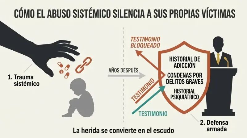 Split panel diagram illustrating how abusers inflict trauma on vulnerable youth, then weaponize those resulting records to discredit their adult testimony.