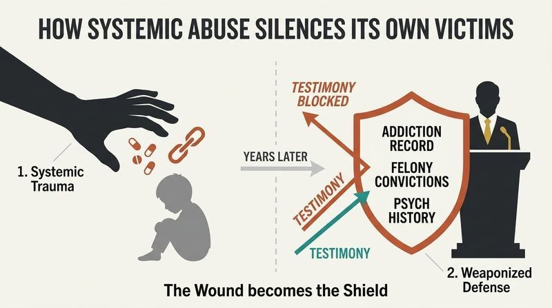 Split panel diagram illustrating how abusers inflict trauma on vulnerable youth, then weaponize those resulting records to discredit their adult testimony.