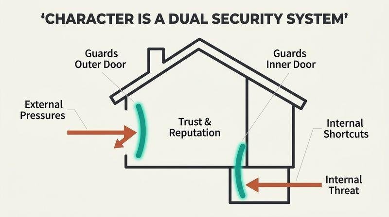 House cross-section diagram showing character acting as a dual-protection security system, blocking external pressures at the outer door and internal rationalizations at the inner door.