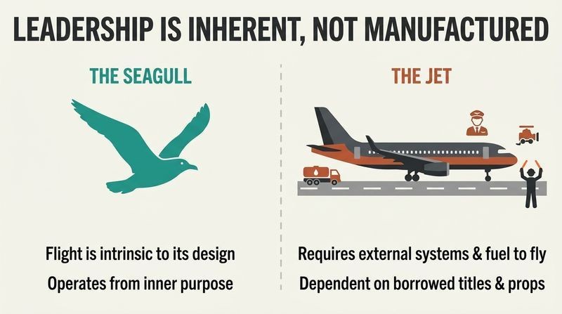 Split panel comparison contrasting a simple seagull flying naturally via inherent design on the left, with a heavy jet requiring ground crew, fuel, and tarmac on the right, illustrating natural gifting versus borrowed titles.