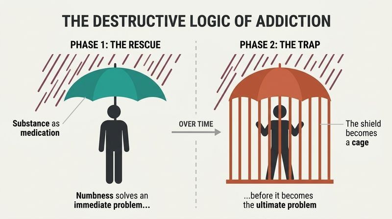 A split-panel diagram showing a figure using a teal umbrella as shelter from a red storm of trauma, which then transforms over time into a locked terracotta cage.