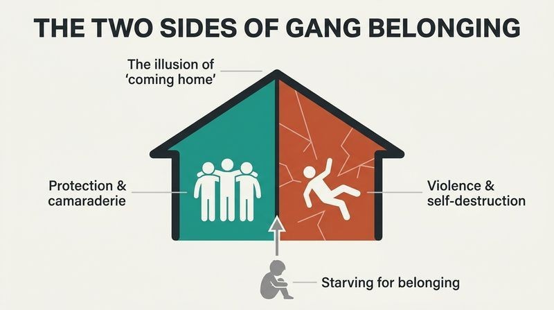 Split house diagram illustrating how the gang offers both protective belonging and self-destruction in the exact same package to an abandoned child.