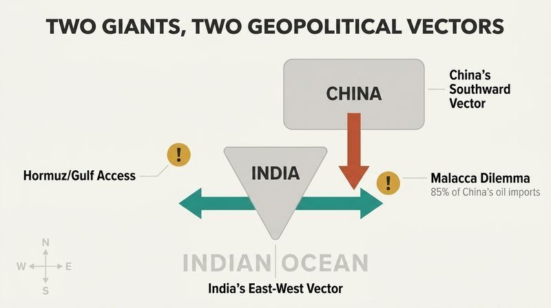 Diagram showing China's vertical southward expansion vector intersecting with India's horizontal east-west vector across the Indian Ocean.
