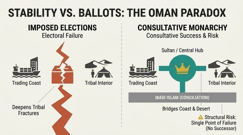Split panel diagram comparing how imposed elections split a divided society versus how consultative monarchy acts as a stabilizing bridge, with a warning about single-leader fragility.