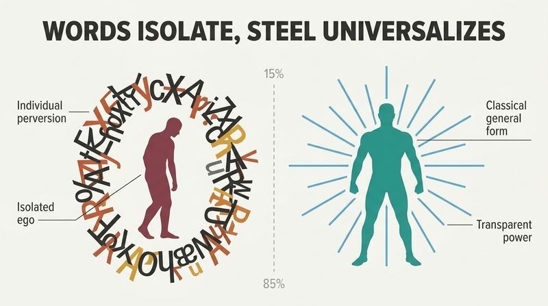 Split panel diagram comparing the isolating nature of literary words against the universalizing, transparent power of physical training.