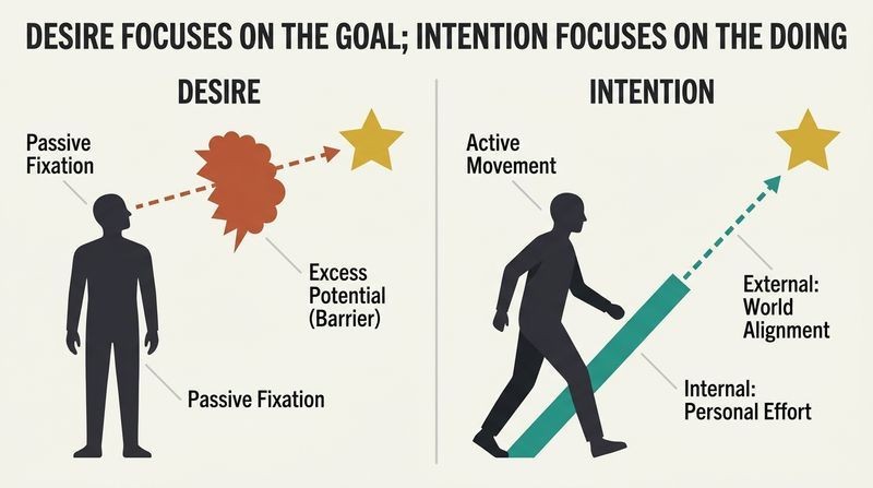Split panel comparison diagram showing how passive desire creates a barrier of excess potential that blocks a goal, while active intention builds a direct path of doing and allowing to reach it.