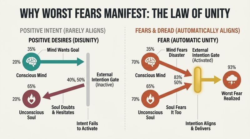 Split-panel diagram showing why fears manifest easily. On the left, positive desires fail because mind and soul are misaligned. On the right, fears manifest instantly because mind and soul align perfectly, activating external intention.