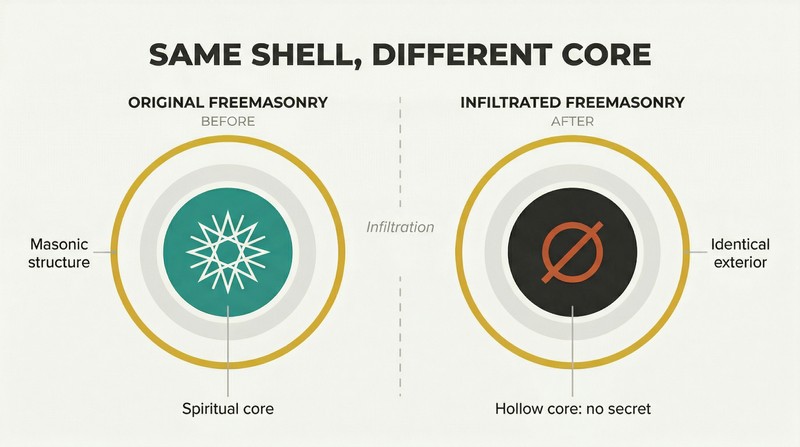 Split panel showing two cross-sections of concentric circles with identical outer rings but contrasting interiors — one luminous, one hollow — representing infiltration that replaced spiritual content with nihilism.