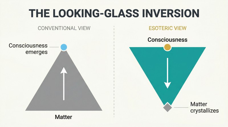 Split panel showing two inverted triangles: the conventional view with matter as foundation producing consciousness, mirrored against the esoteric view with consciousness as the source from which matter crystallizes.