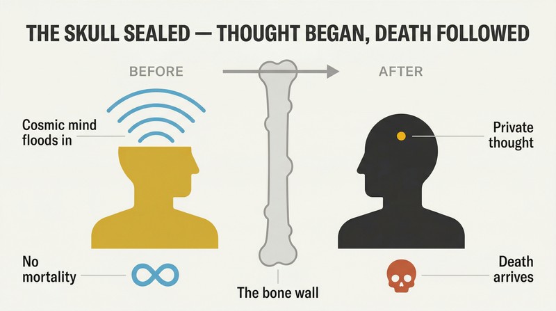 Split panel divided by a bone-like wall showing cosmic connection on the left and individual thought with mortality on the right.
