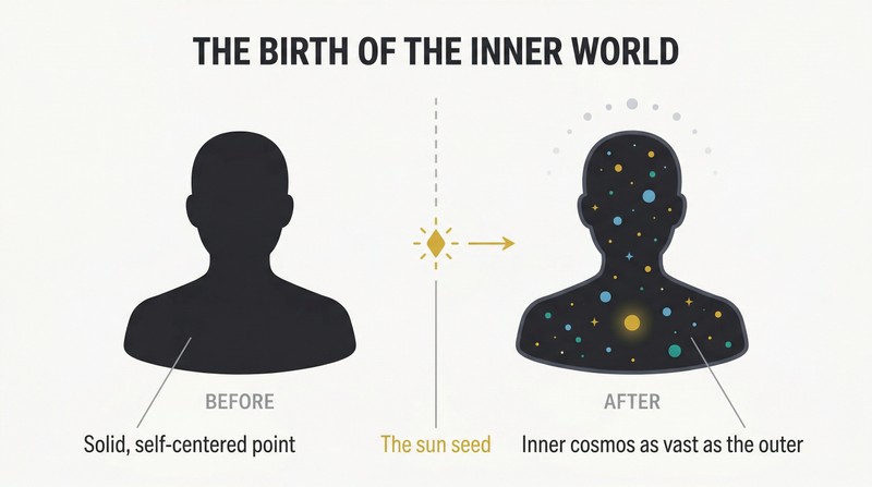 Split panel showing a solid opaque human silhouette on the left transforming into a silhouette containing an inner cosmos of stars and constellations on the right, with a golden seed at center.