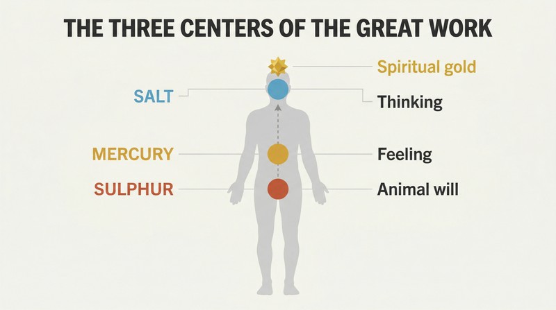Human silhouette with three vertically stacked glowing centers mapping alchemical Sulphur, Mercury, and Salt to animal, vegetable, and mineral dimensions of consciousness, crowned by spiritual gold.